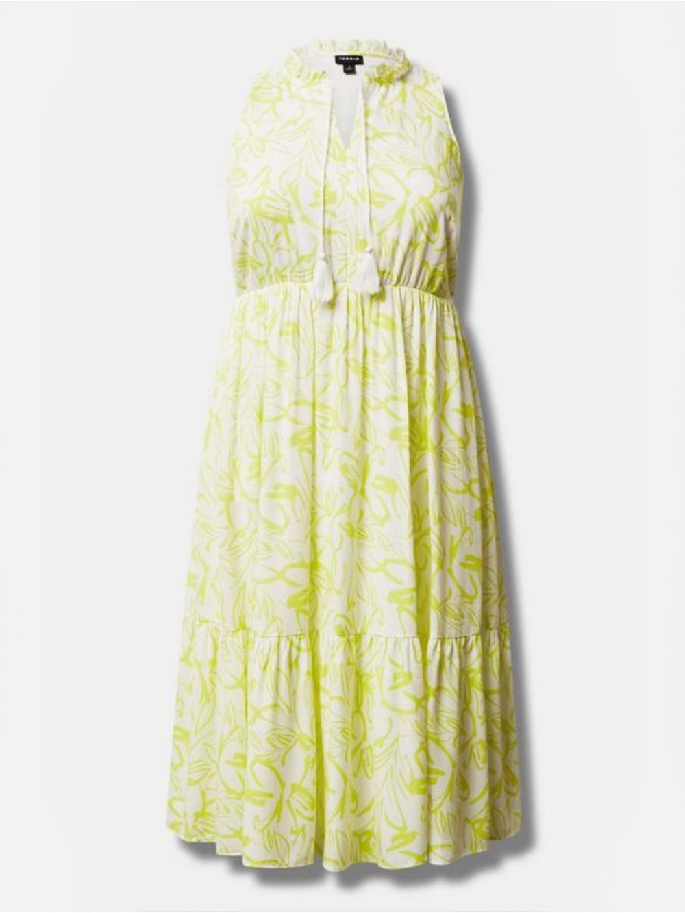 Torrid 00 Ivory Lime Floral Sleeveless Tiered Midi Dress Tassel Tie Size 10 - Picture 2 of 7